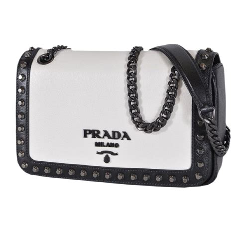 Prada White Black Glace Leather Studd